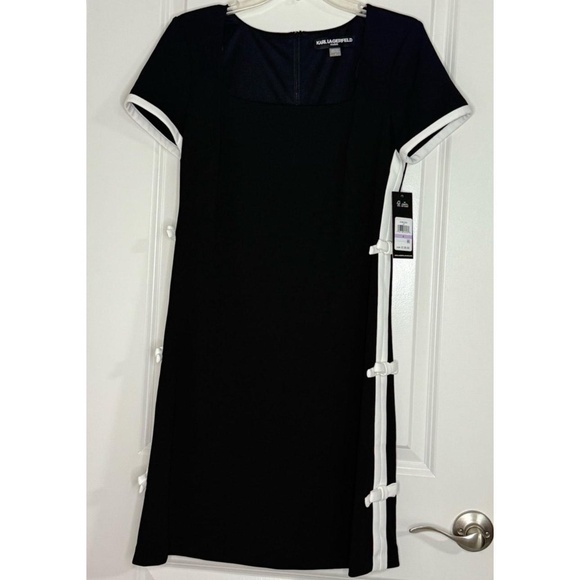 KARL LAGERFELD Women's Shift Mini Dress Size 6 Square Neck Bow Professional - Picture 6 of 11